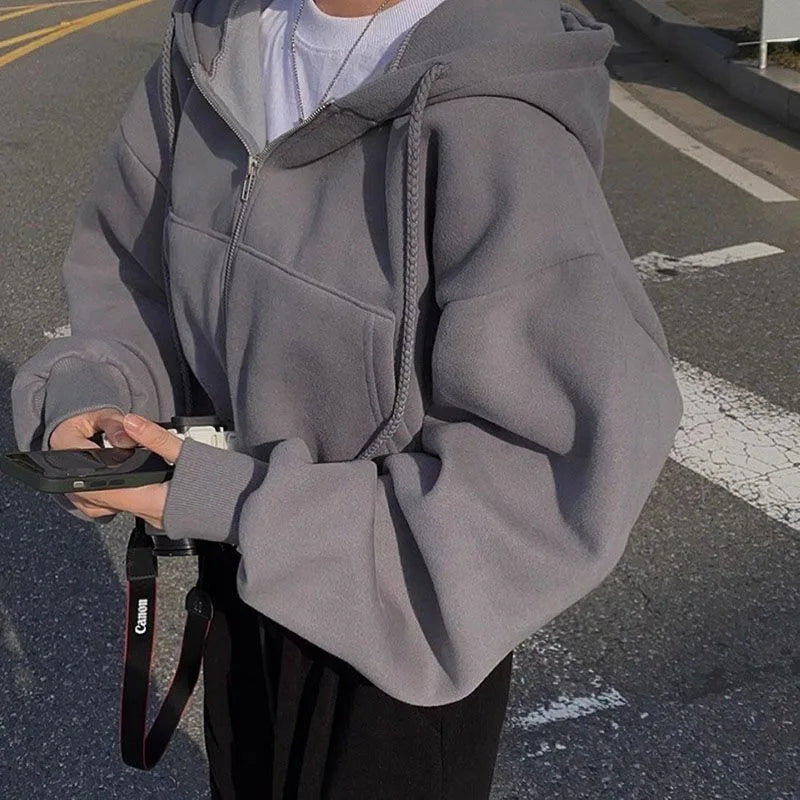Long Sleeve Full Zip Casual Hooded Sweatshirt for Layering