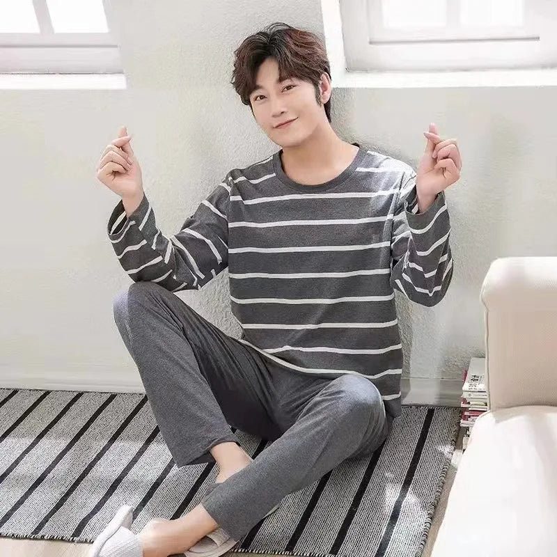 Men's Striped Long Sleeve Crew Neck Top and Pants Pajama Set