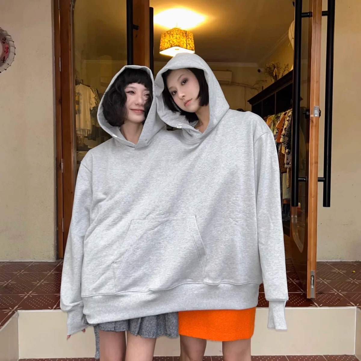 Cotton-Polyester Two-Person Double-Hood Pullover Sweatshirt with Long Sleeves for Holiday Party Outfits