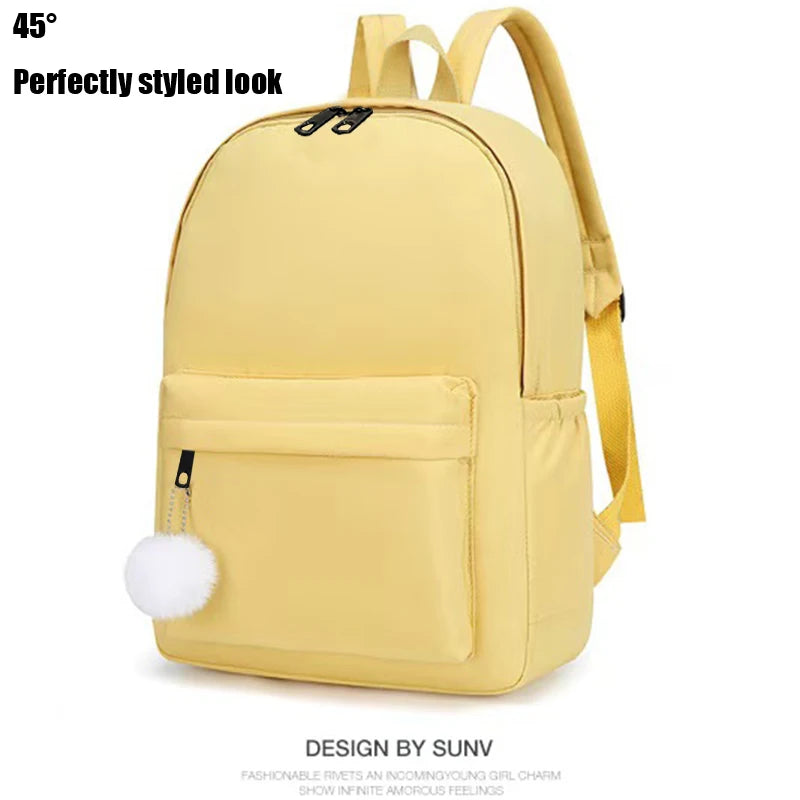 Solid Colour Backpack with Front Pocket and Fluffy Ball Decoration