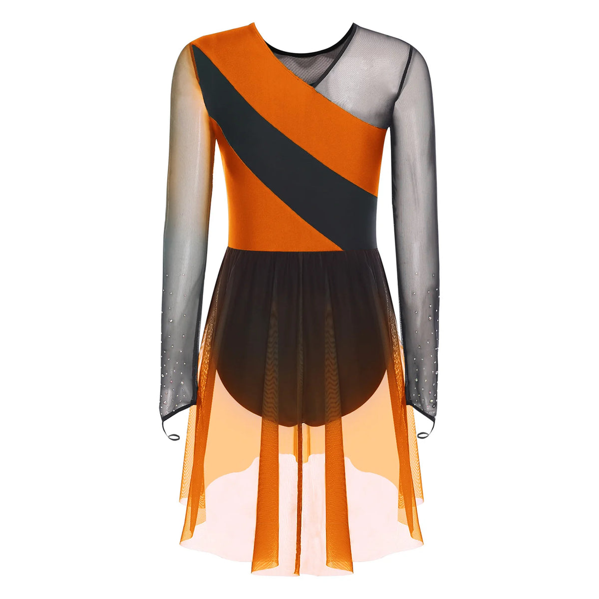 Women's Long Sleeve Mesh Dance Dress with Sequins and Asymmetric Panels