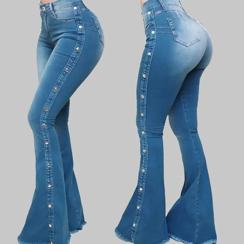 Women's Decorative Button Flared Leg Denim Jeans For Everyday Outfits
