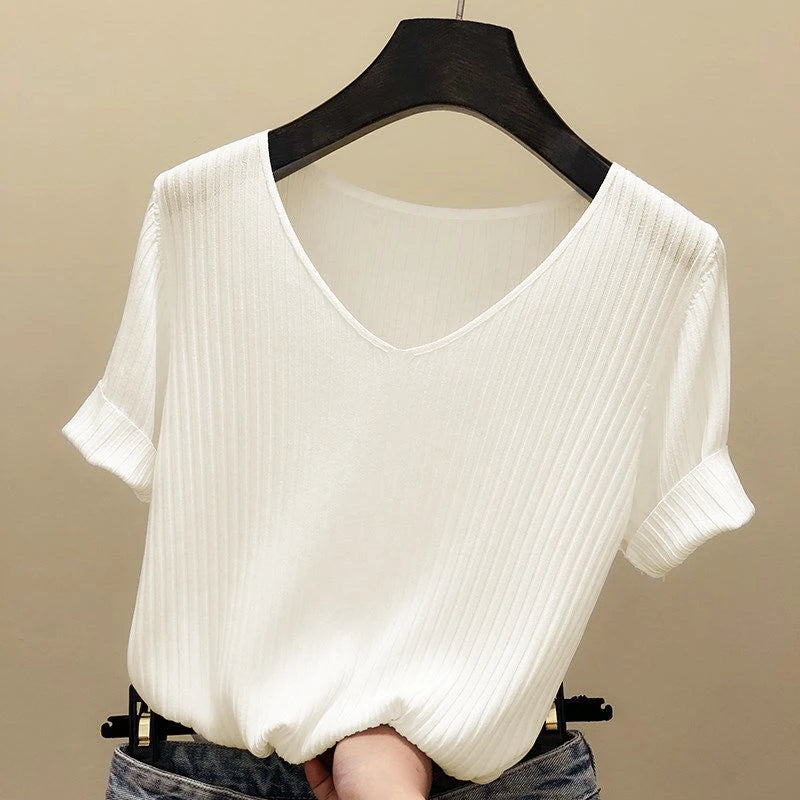 Women's V Neck Short Sleeve Sweater Casual Knit Layer