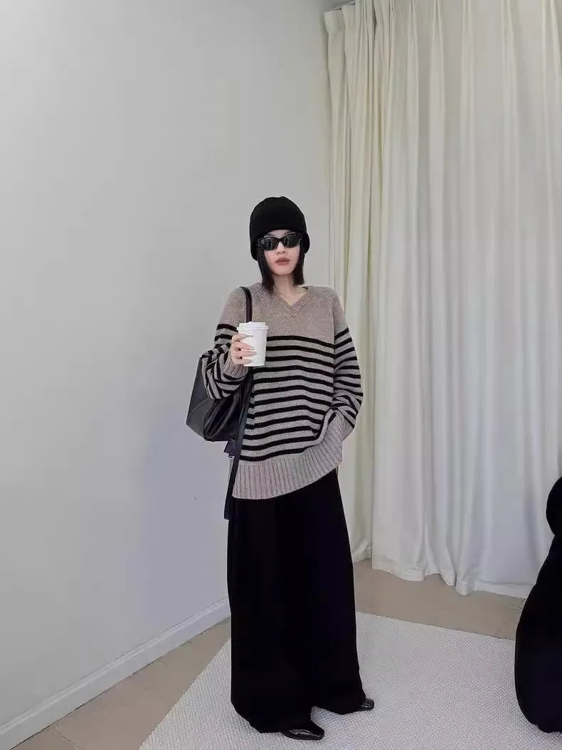 High-end V-neck striped 100% wool knitted sweater loose pullover sweater women wool base layer