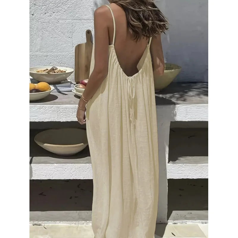 Women's Loose V Neck Spaghetti Strap Maxi Dress For Casual Outfits
