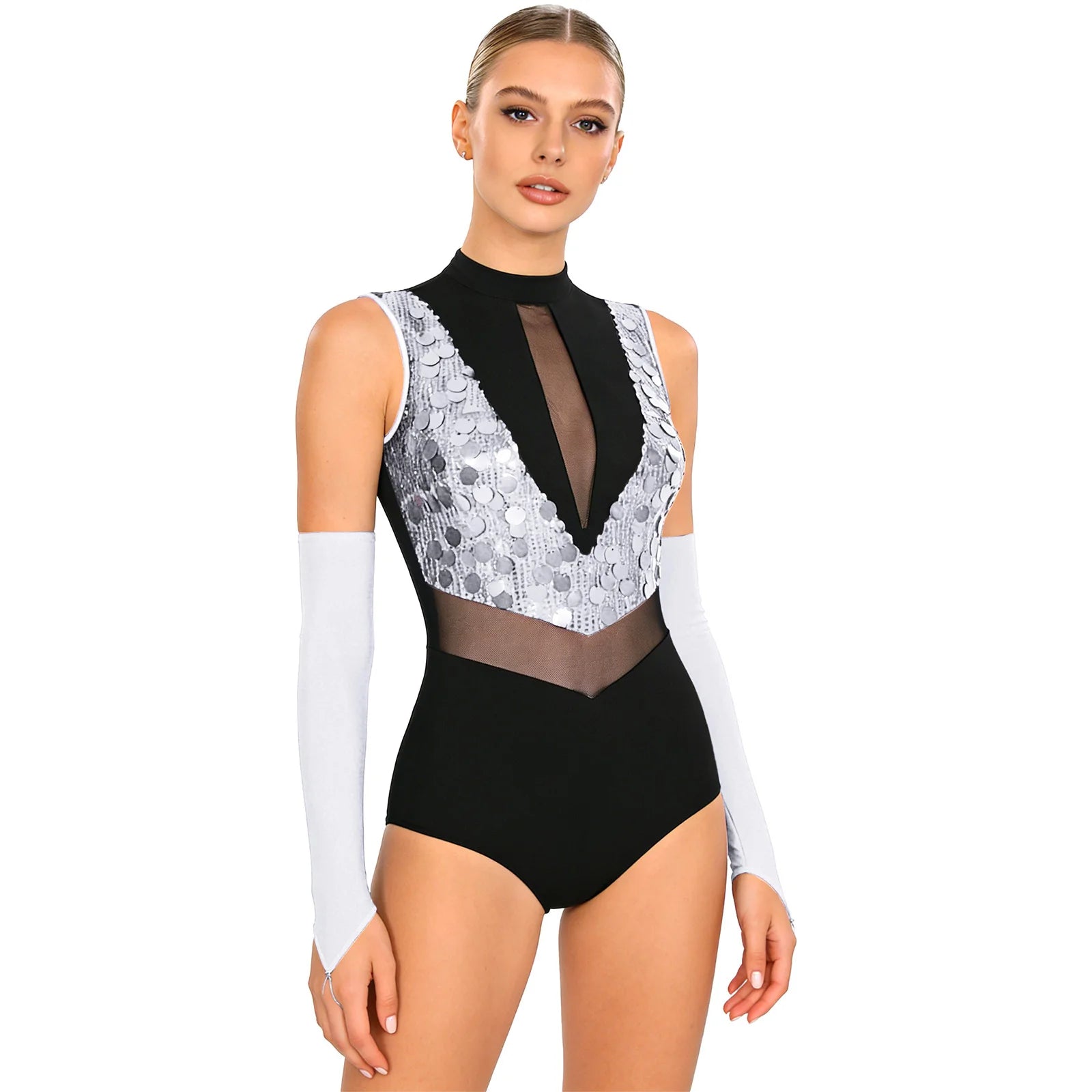 Women's Sequin Mesh Dance Leotard with Coordinating Long Glove Accessories