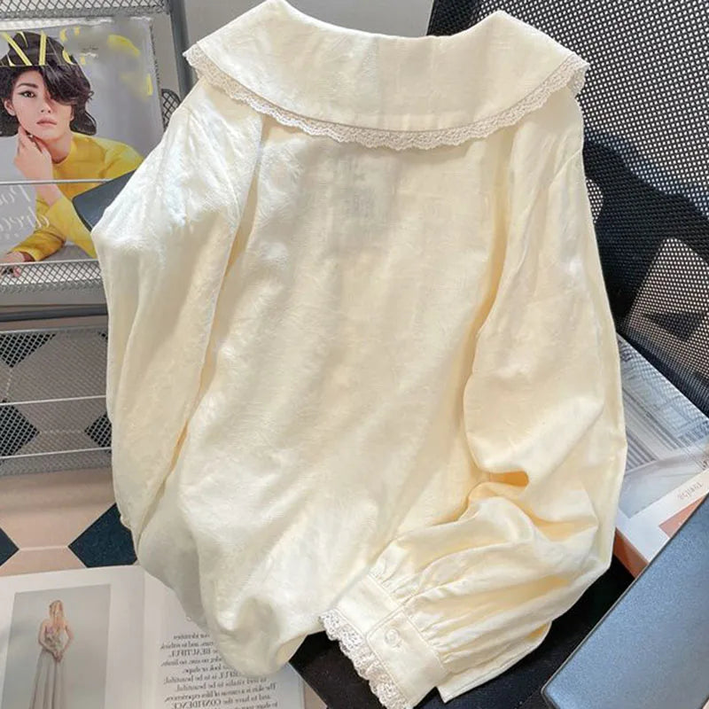 Women's Lace Detail Peter Pan Collar Long Sleeve Shirt