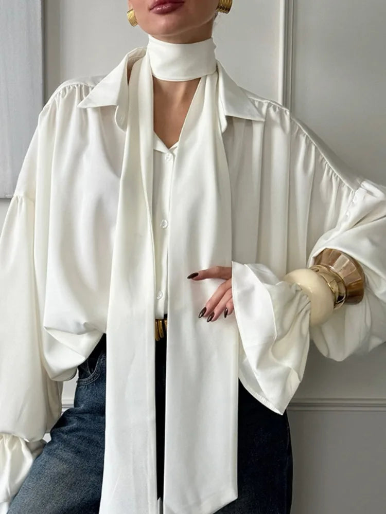 Women's Bow Neck Satin Look Long Sleeve Blouse