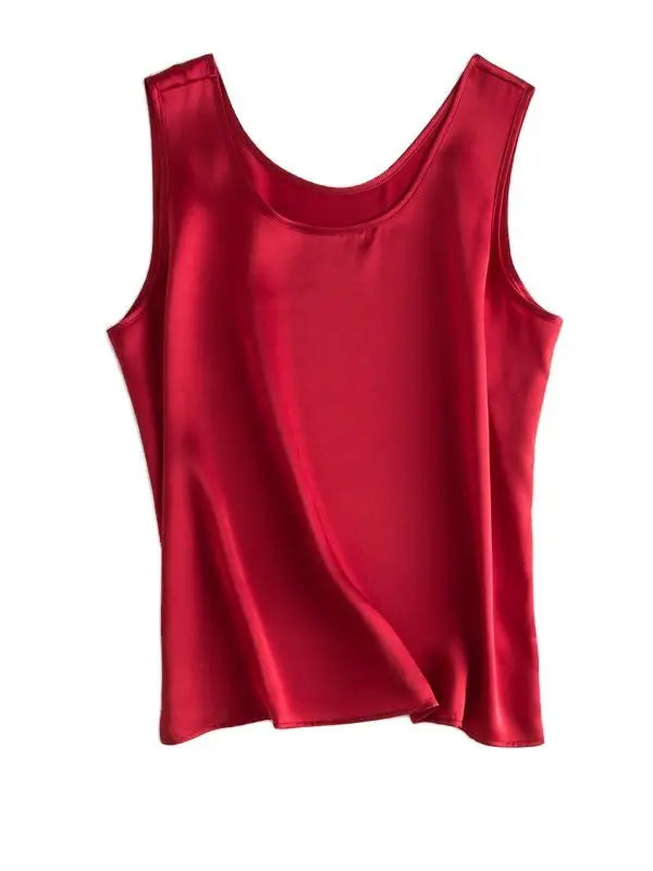 Women's Mulberry Silk Tank Top with Round Neck and Sleeveless Cut