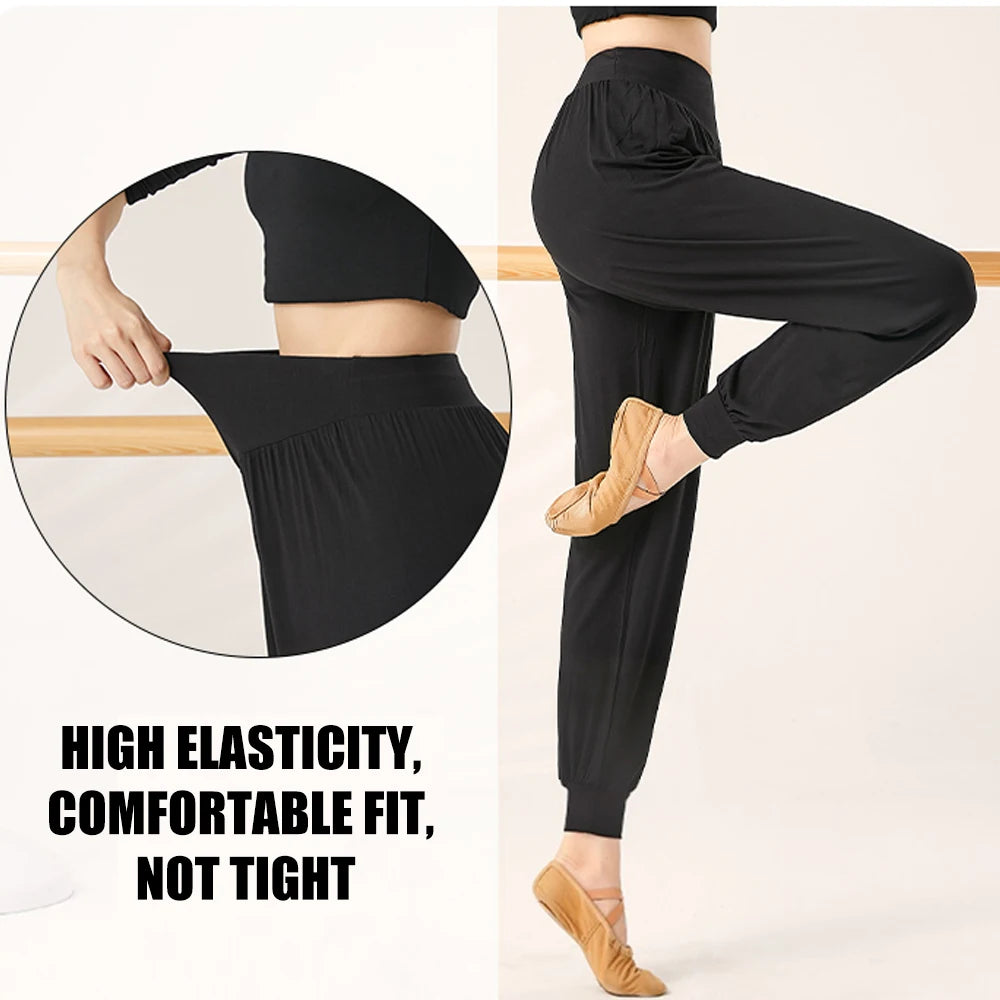 Women's High Waist Polyester Harem Dance Pants with Loose Legs and Gathered Ankles