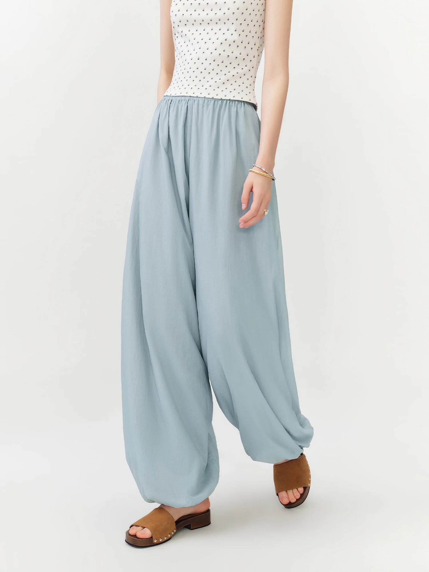 Women's Blue Balloon Pants with Elastic Waist and Tapered Legs