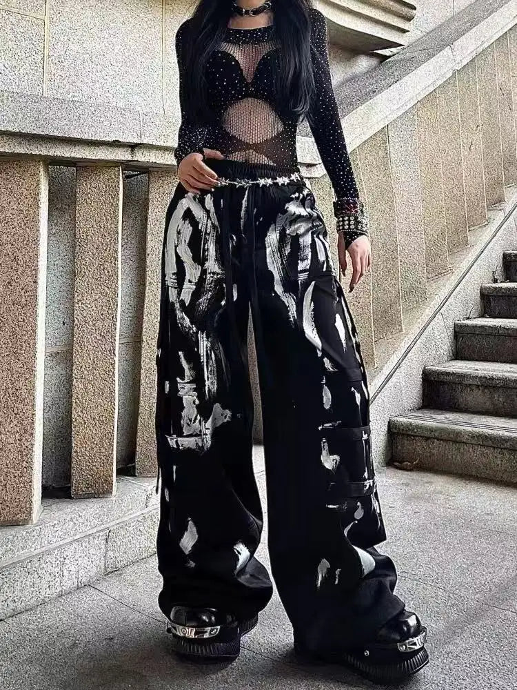 Women's Black Wide Leg Cargo Pants with Silver Painted Pattern