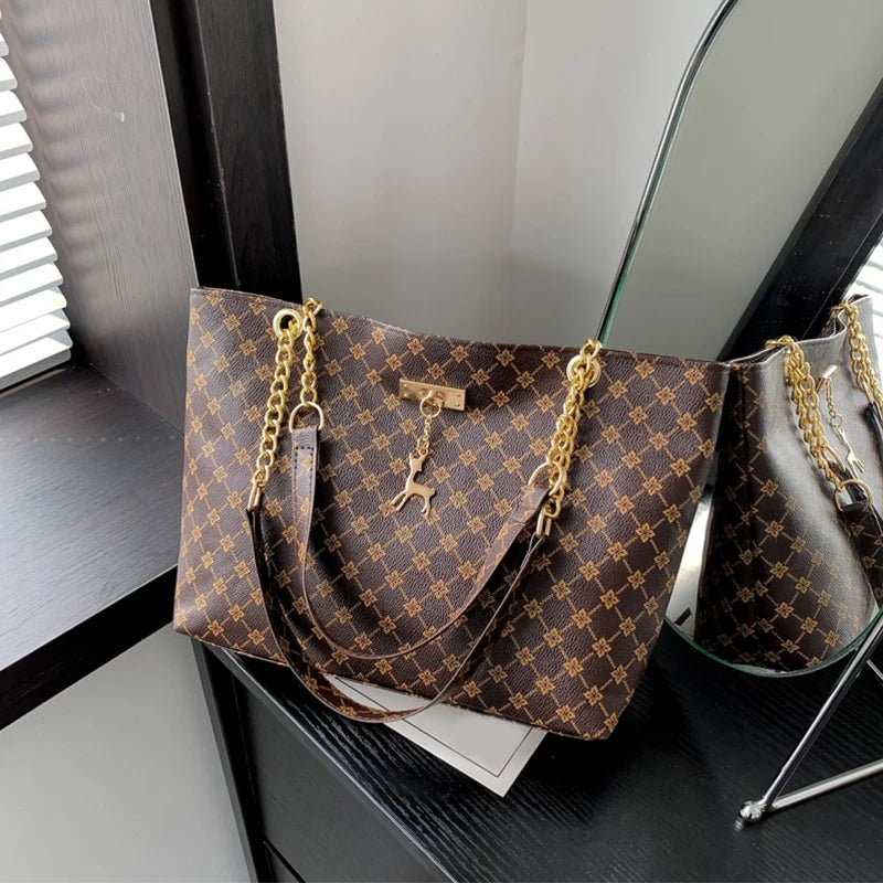 Patterned Tote Handbag with Chain Details and Shoulder Handles