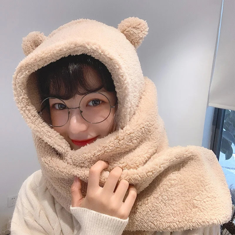 Women's Bear Plush Integrated Hat Scarf and Gloves Set for Winter