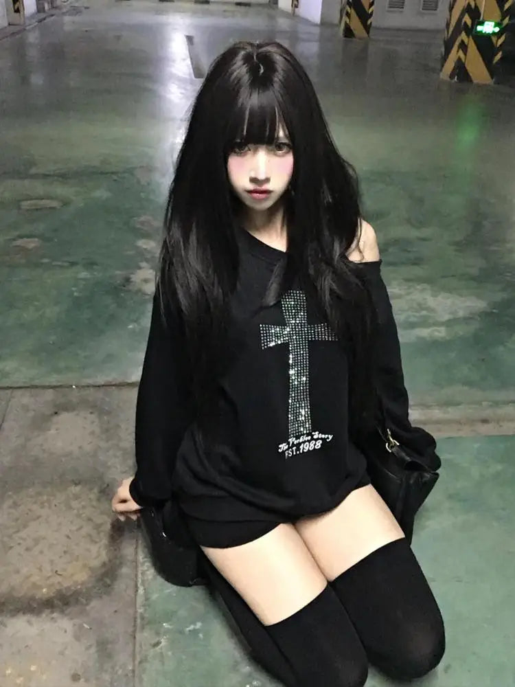 Cross Graphic Off Shoulder Long Sleeve Casual Pullover Sweatshirt