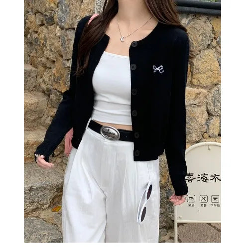 Women's Crew Neck Bow Embroidered Button Front Cardigan