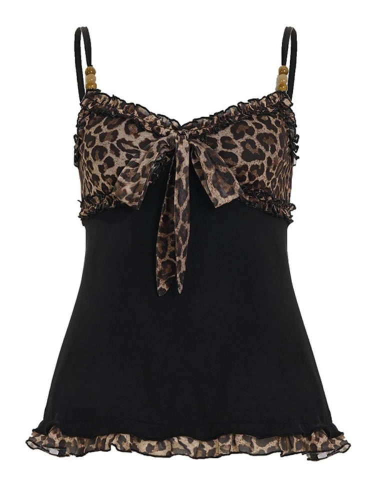 Women's Leopard Bow Polyester Camisole with Thin Straps and Lace Trim