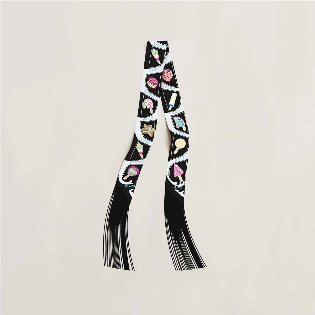 Printed Narrow Ribbon Scarf with Decorative Fringed Ends