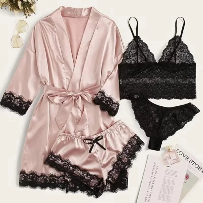 Women's Lace Trim Four Piece Pajama Set with Robe and Shorts