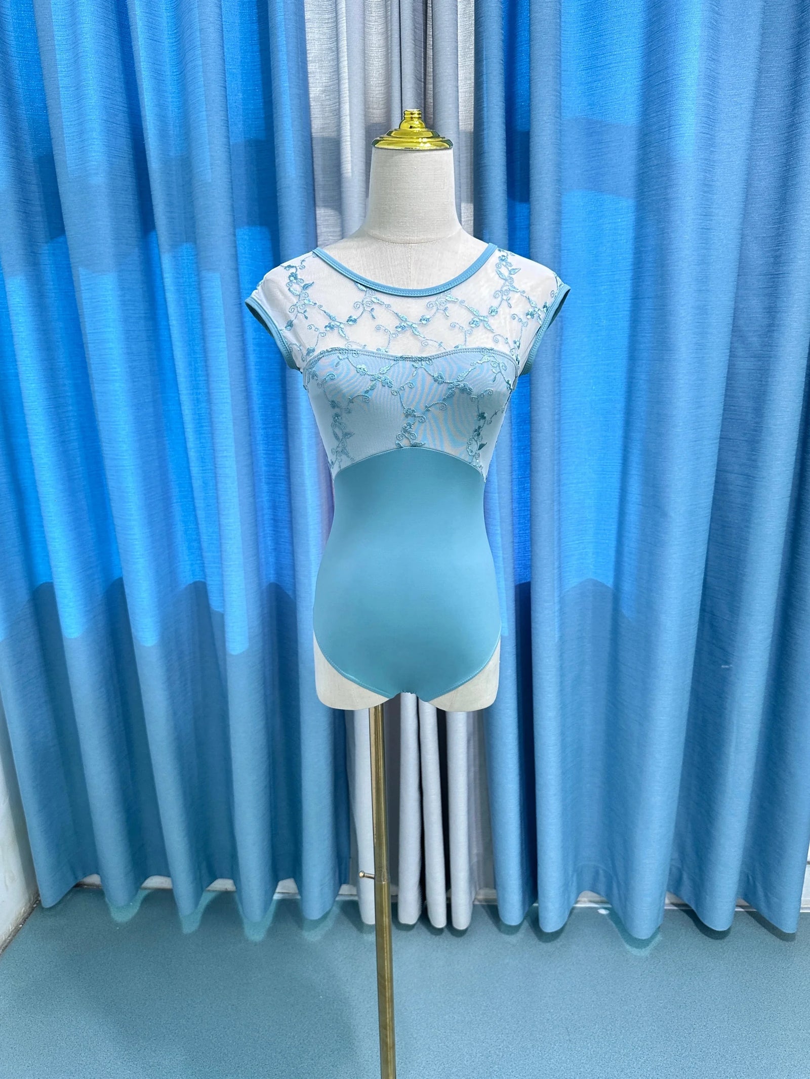 Women's Floral Embroidered Ballet Leotard with Mesh Upper and Open Back