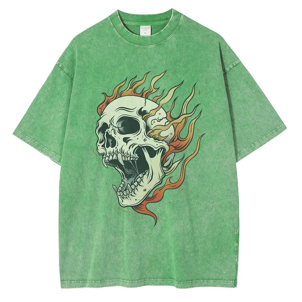 Men's Flame Skull Printed T-shirt Thick Cotton Washed T-shirt,Large Retro Top