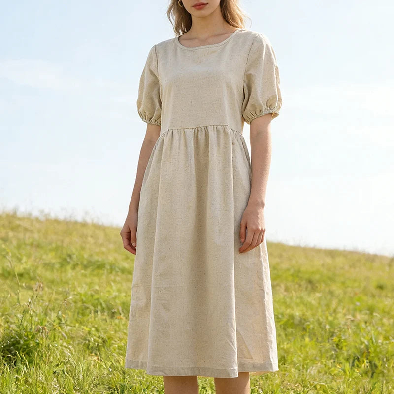 Women's Cotton-Blend Round-Neck Loose Midi Dress with Short Puff Sleeves for Summer