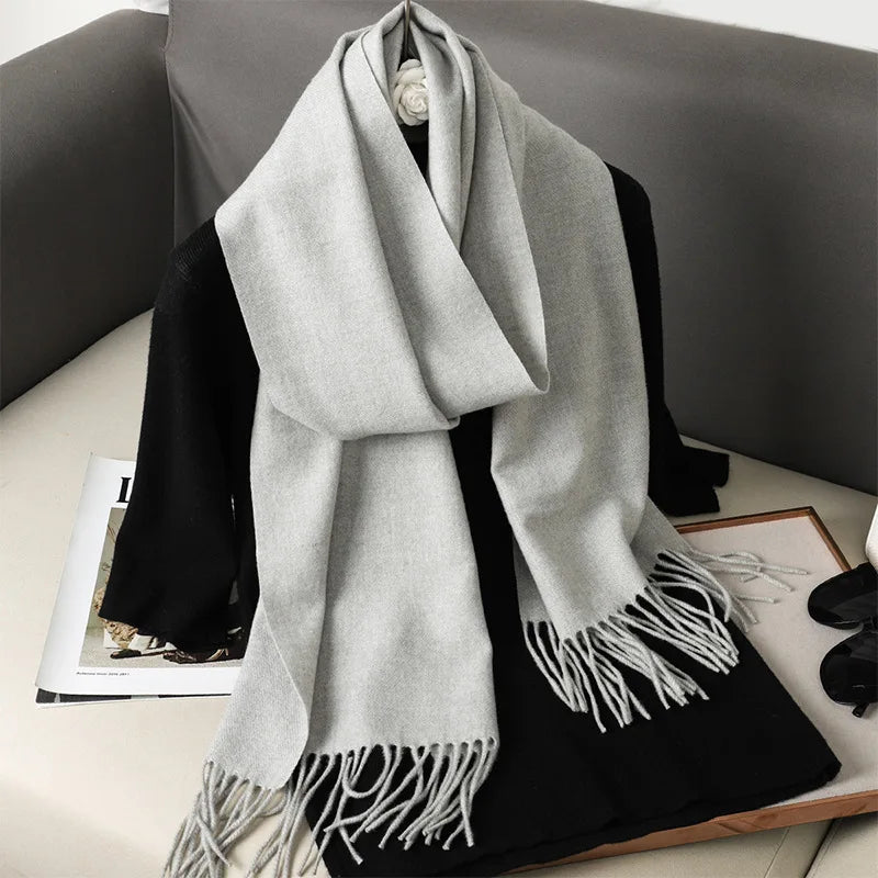 Solid Long Rectangular Scarf with Decorative Fringe Trim