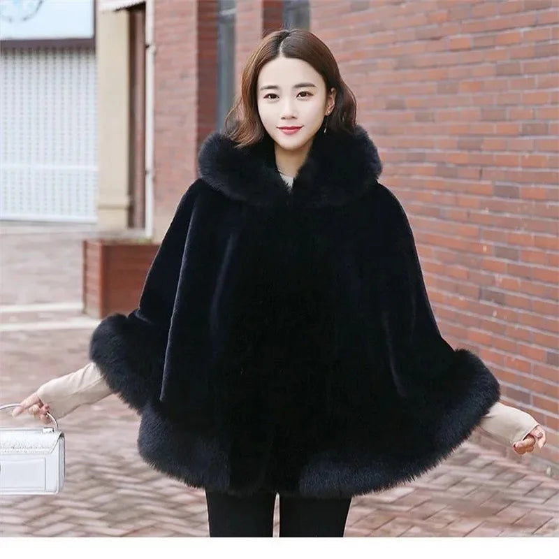 Plush Trim Hooded Cape for Layering over Outfits
