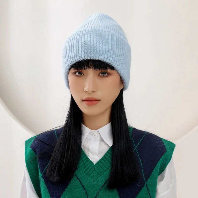 Solid Ribbed Knit Beanie with Wide Folded Cuff