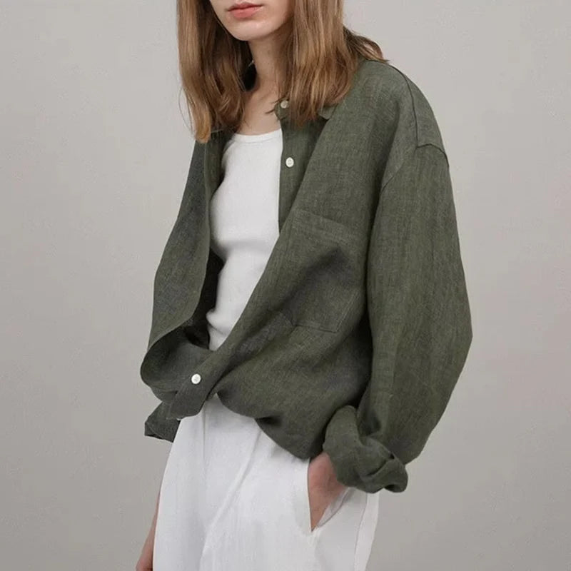 Women's Linen Long-Sleeve Loose Collared Button-Up Shirt for Casual Summer Everyday Outfits