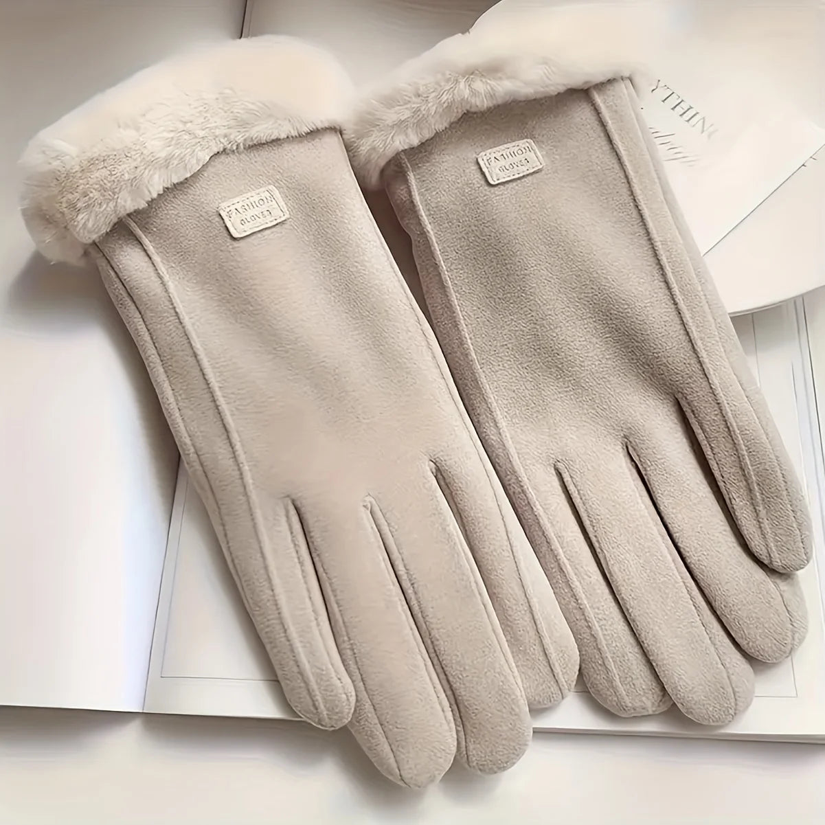 Beige Full Finger Gloves with Textured Outer Panels