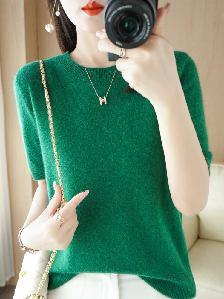 Women's Crew Neck Short Sleeve Sweater Casual Knit Layer