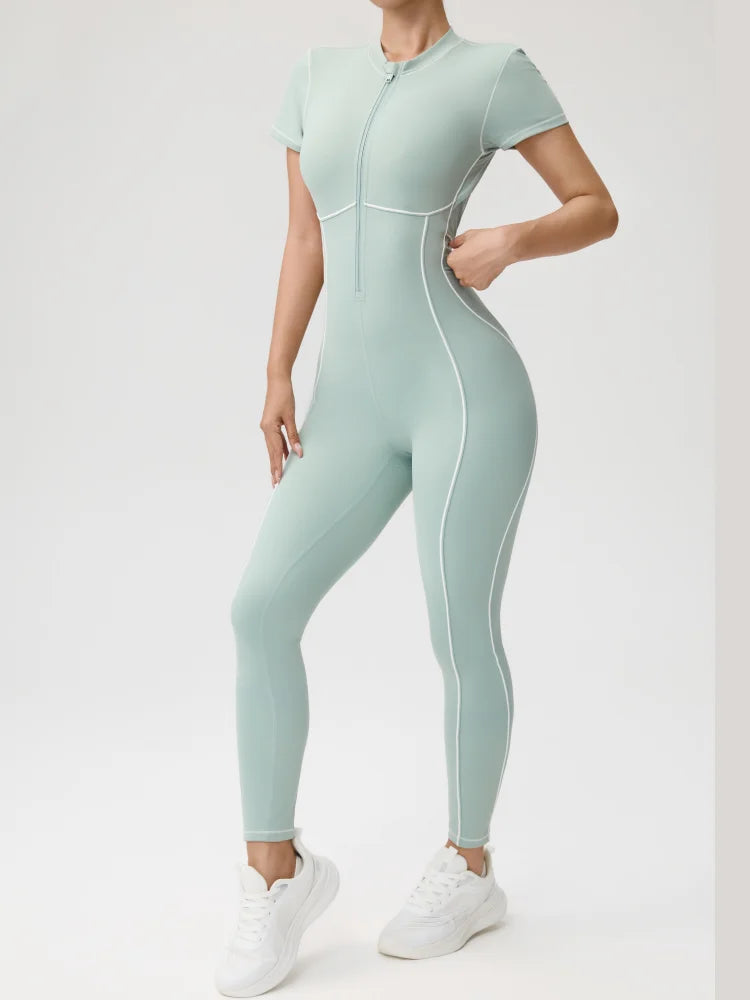 Women's Short Sleeve Nylon Blend Workout Jumpsuit with Back Cutout