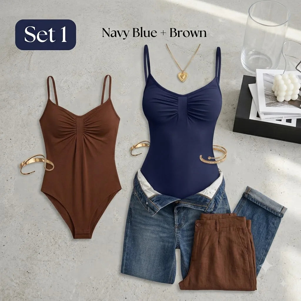 Women's Ruched Polyester Blend Bodysuit with Thin Straps and Shaped Bust