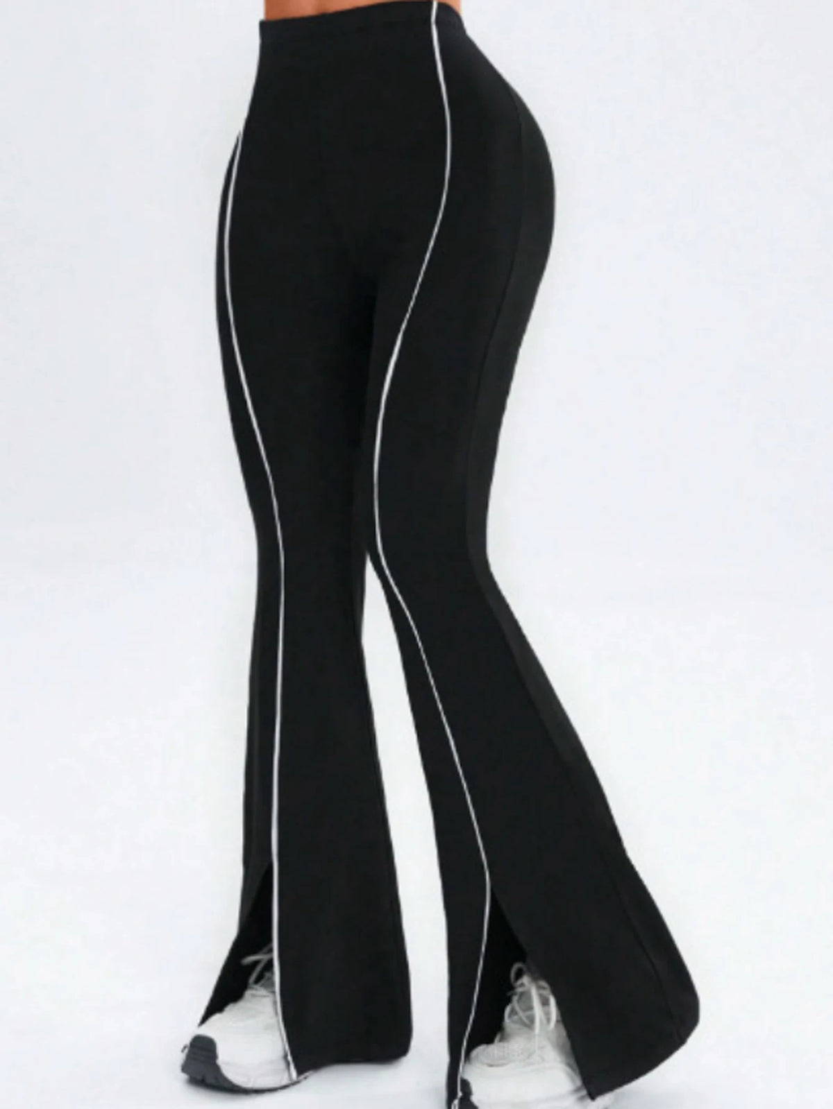 Women's High Waist Polyester Blend Flared Workout Pants with Contrast Piping