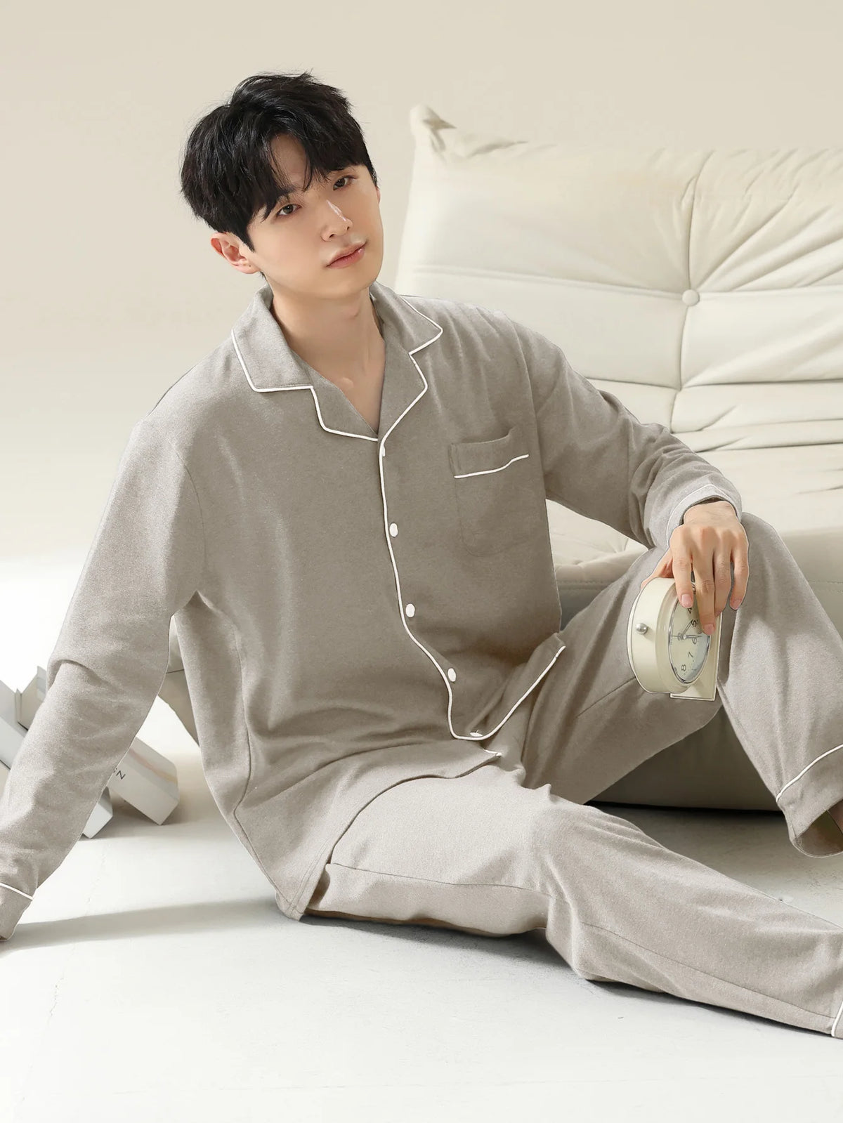 Men's Button Front Long Sleeve Pajama Set for Home Wear
