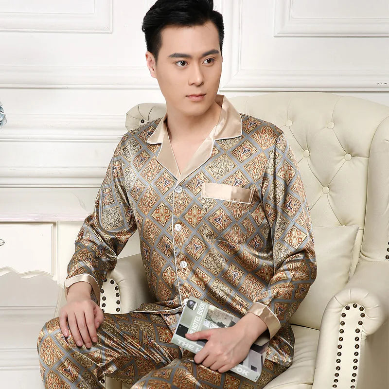 Men's Printed Lapel Button Front Shirt and Pants Pajama Set