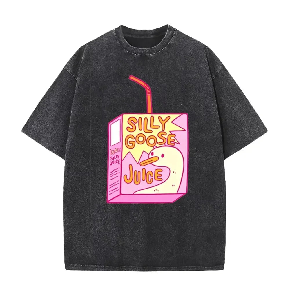 Cute Silly Goose Juice Box Print Washed Purple Y2K Aesthetic Women T-shirt
