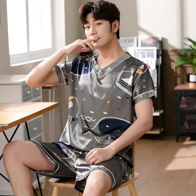 Men's Printed Short Sleeve Button Front Shirt and Shorts Pajama Set