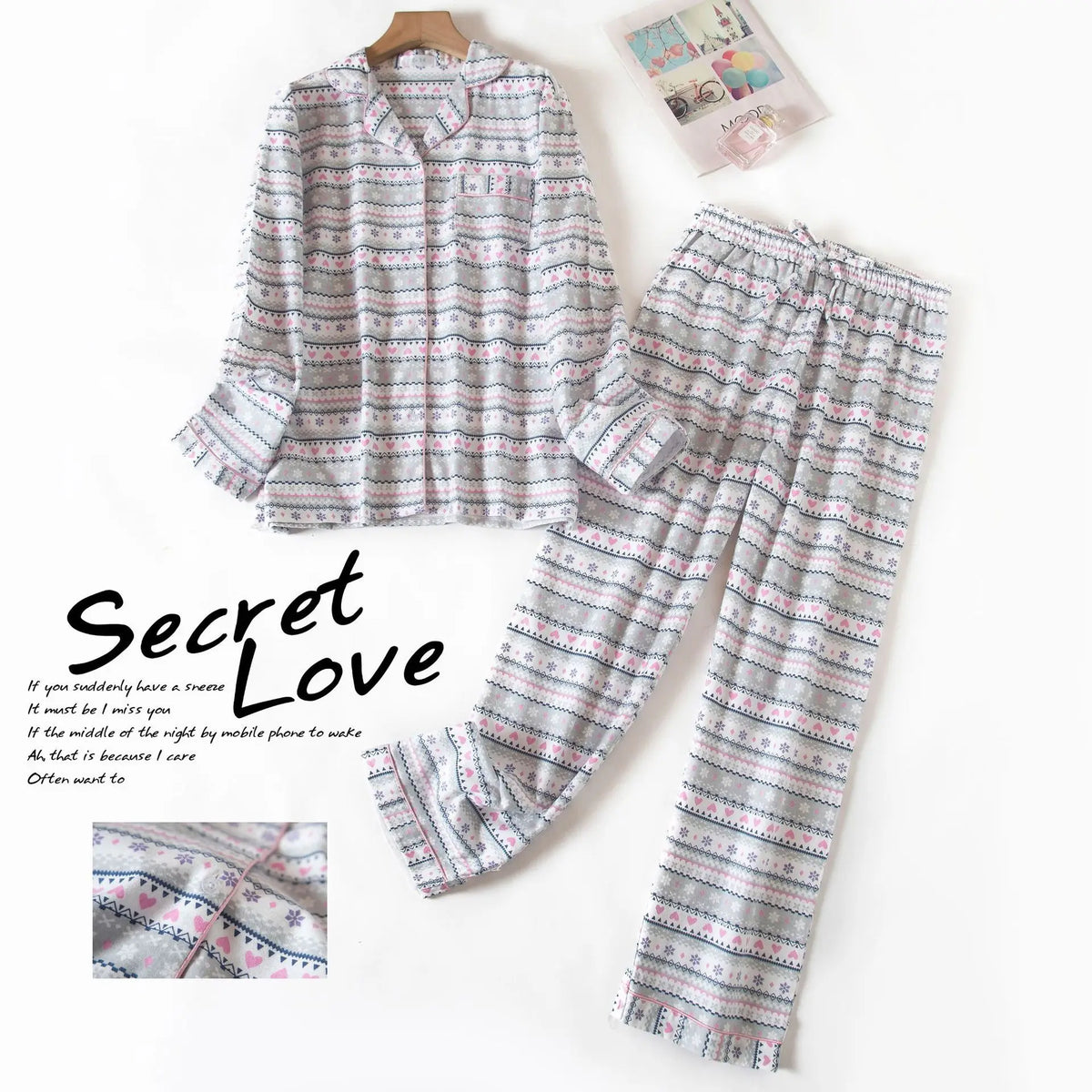 Women's Printed Button Front Long Sleeve Pajama Set with Top and Pants