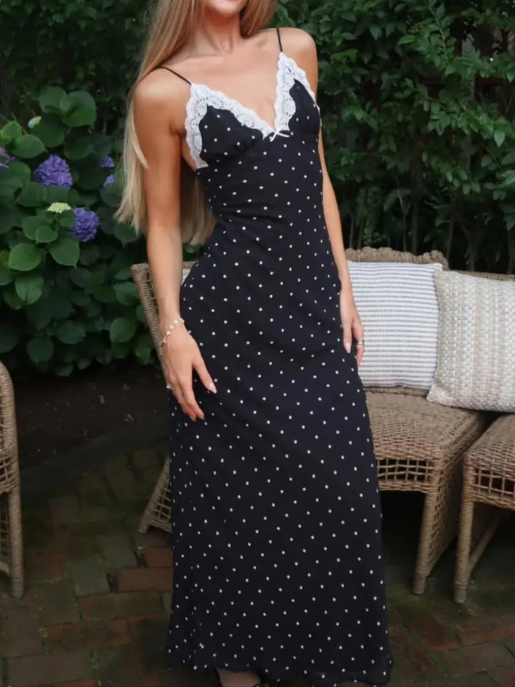 Women's Lace V Neck Spaghetti Strap Maxi Dress For Casual Outfits