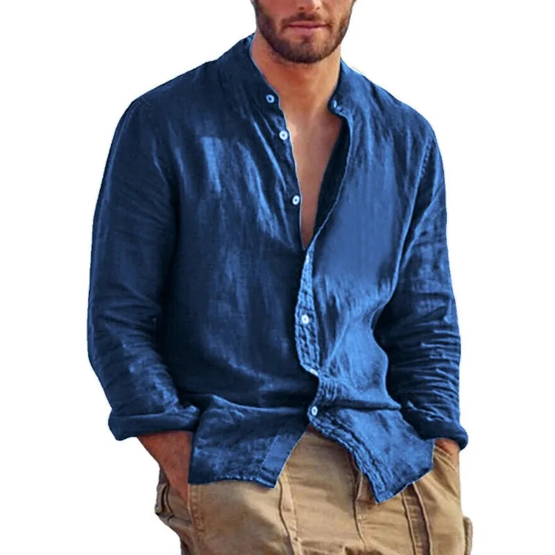 Men's Solid Stand-Collar Long-Sleeve Button-Front Shirt for Casual Everyday Wear and Layering