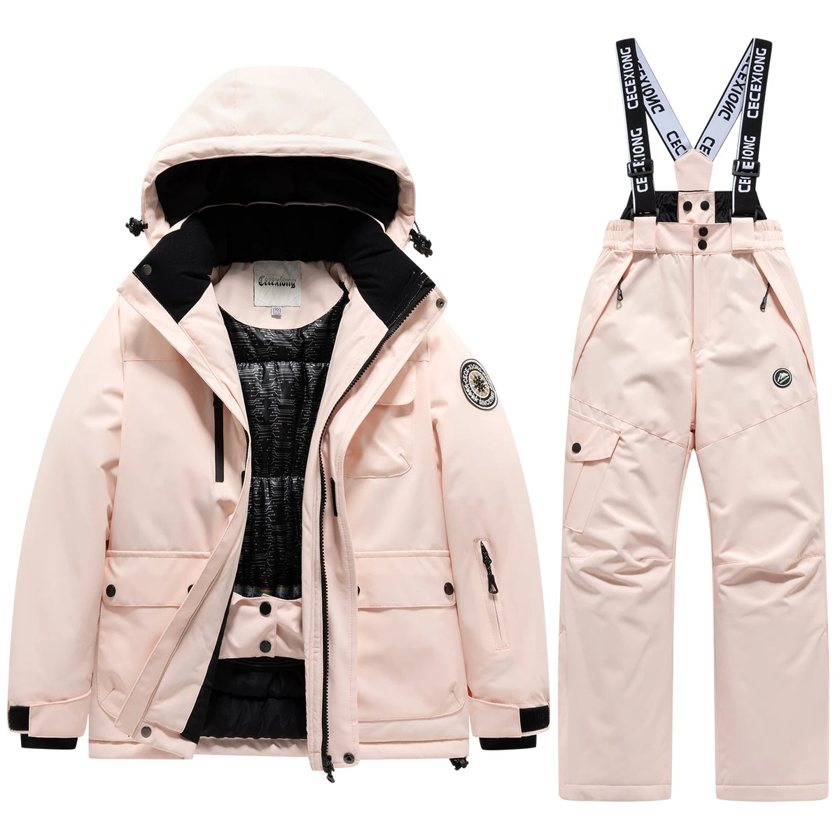 Children's Hooded Ski Jacket and Pants Clothing Set with Style Options