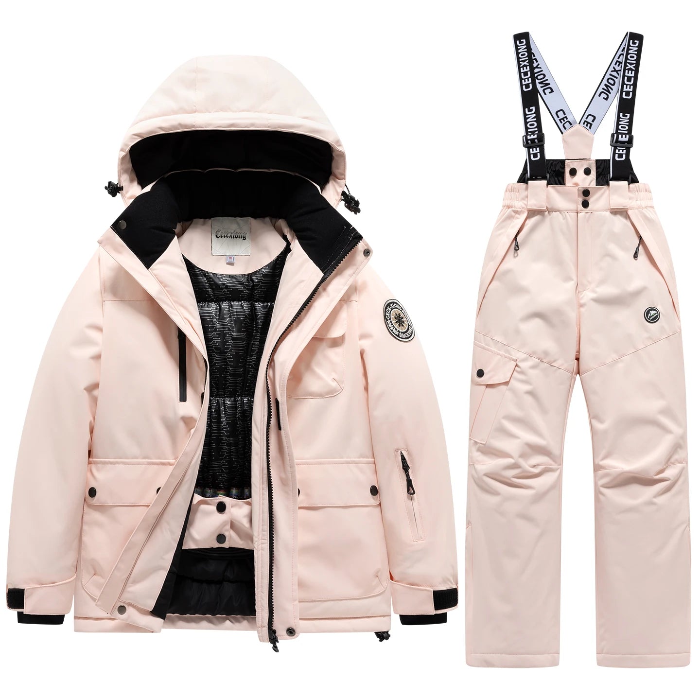 Children's Hooded Ski Jacket and Pants Clothing Set with Style Options