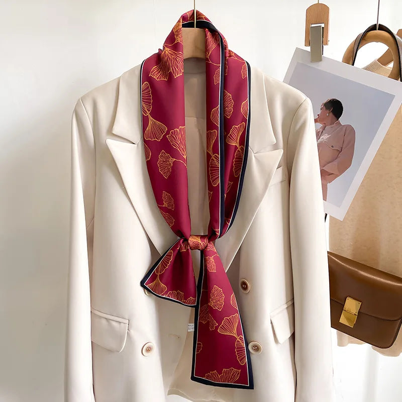 Printed Long Narrow Scarf with Decorative Ribbon Shape