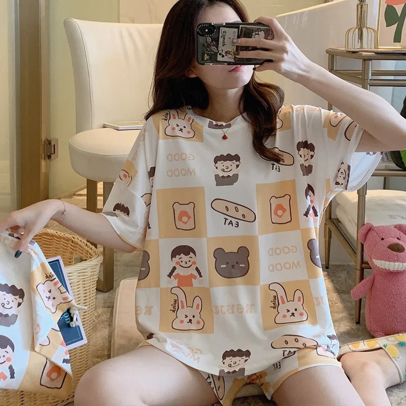 Women's Printed Short Sleeve Pajama Set with Top and Shorts