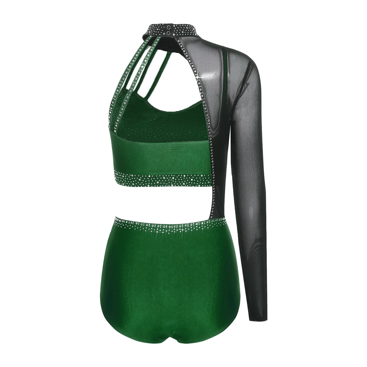 Women's Asymmetric Rhinestone Dance Bodysuit with Cutouts and Mesh Sleeve