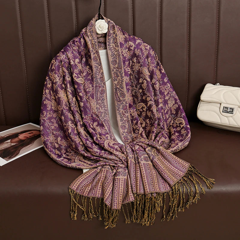 Paisley Floral Print Long Scarf with Fringed Ends