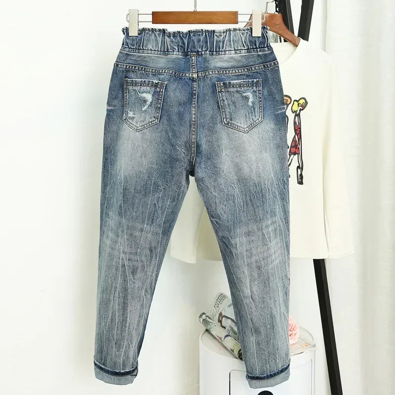 Women's Drawstring Cropped Cuffed Distressed Denim Jeans For Everyday Outfits