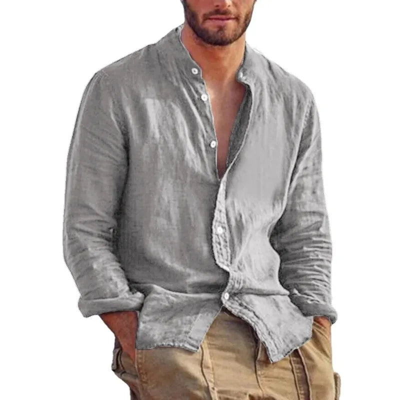 Men's Solid Stand-Collar Long-Sleeve Button-Front Shirt for Casual Everyday Wear and Layering